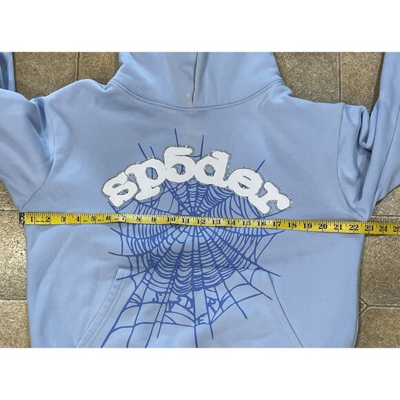 Rhinestone Sp5der Men's Pullover Hoodie Size Small Baby Blue Front Pouch - Picture 5 of 16